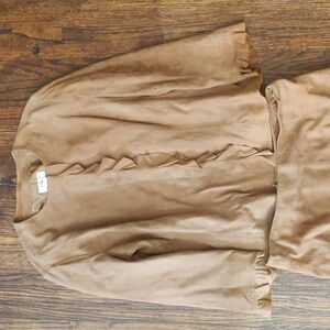 VS2 Women Tan Brown 100% Goat Suede Leather Long Sleeve Lined Jacket And Skirt